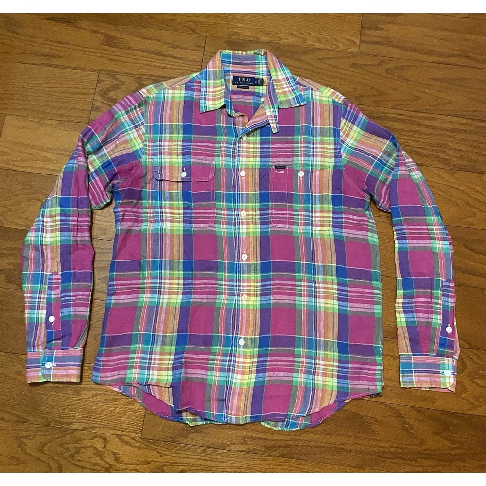 Polo Ralph Lauren Men's Long Sleeve Shirt Blue Pink‎ Medium 100% Linen Plaid